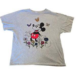Disney Embroidered Mickey Mouse Heather Grey tshirt Size XL Flowers Retro